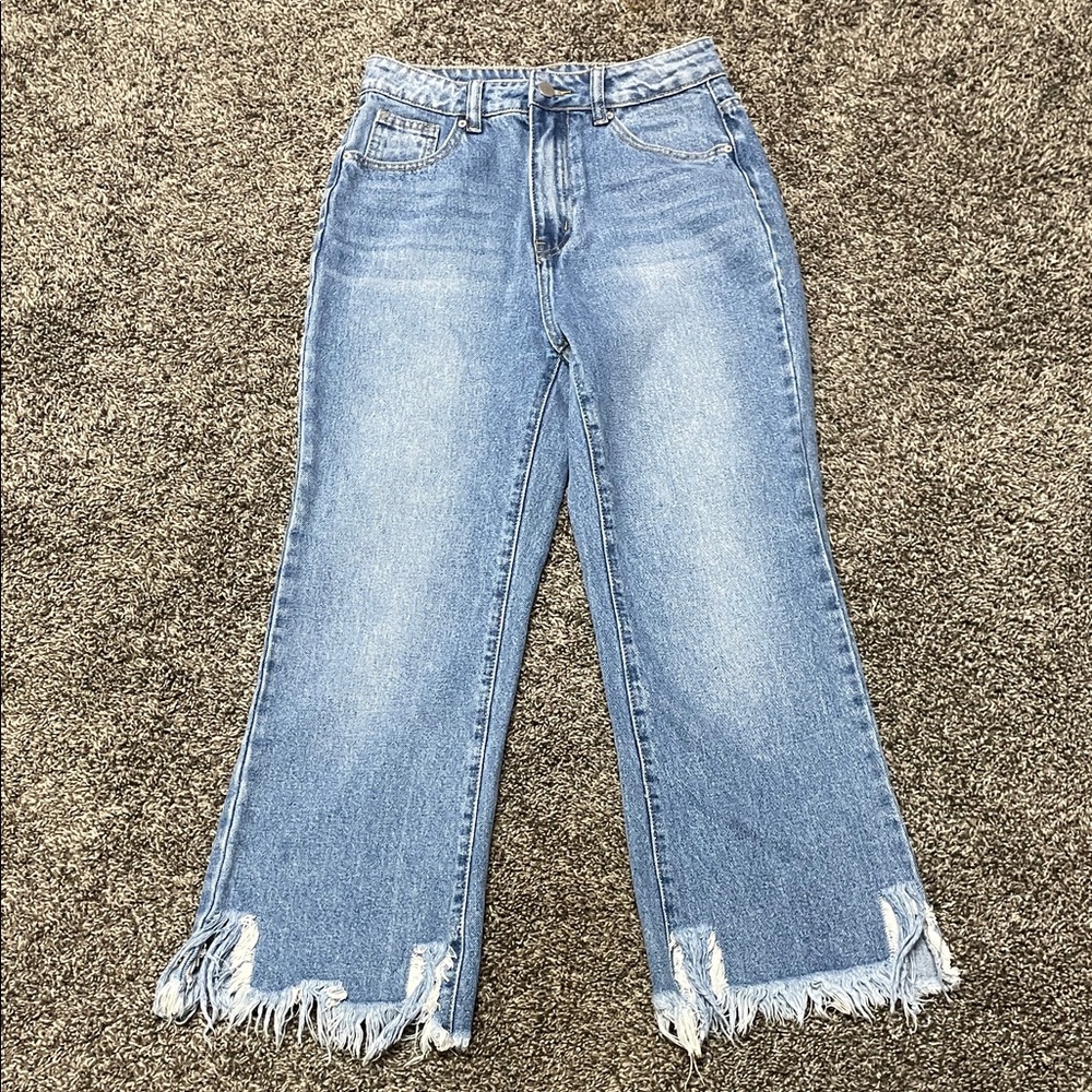 Classic Blue Wide Leg Jeans with Frayed Hem